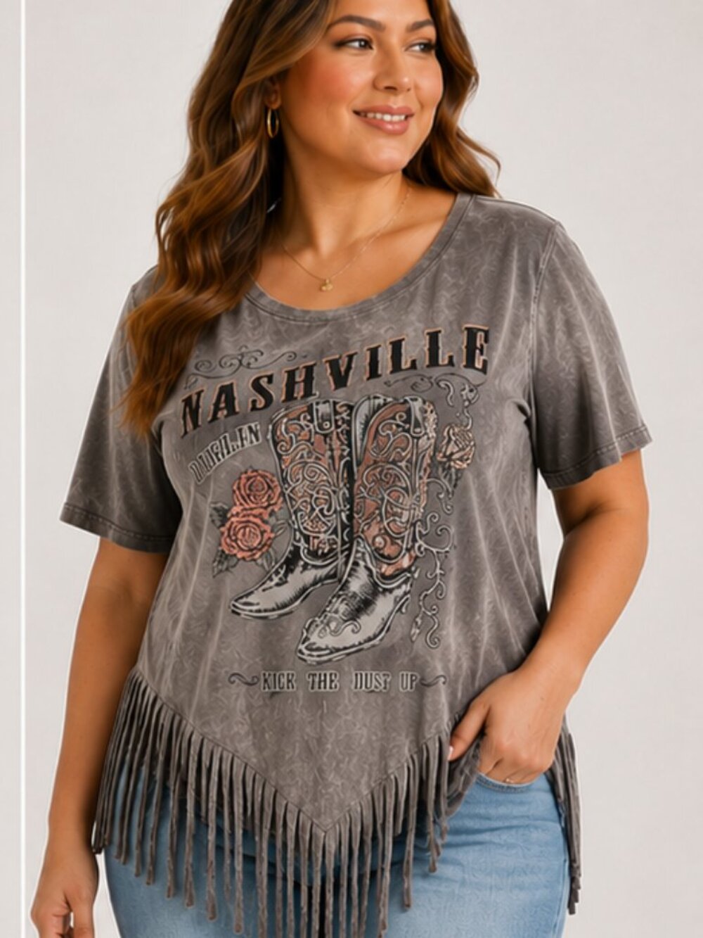 Liberty Wear Nashville Darlin Graphic Fringe Tee Charcoal 2XL NWT